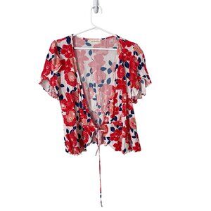The Nines Top Size Small Floral Tie Front Short Sleeve Red Blue Rayon Boho Chic